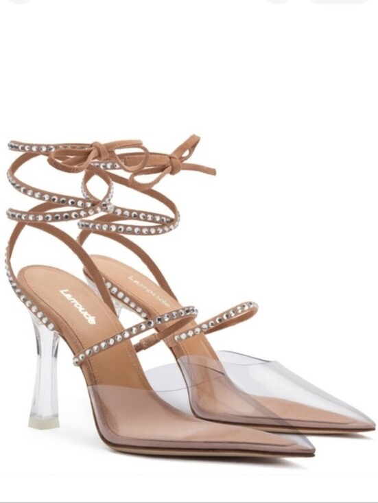 Larroude Shoes - Larroude The Kim Gemstone Lace-Up Pointed Toe Heels in Clear/Tan/Silver Sz 7